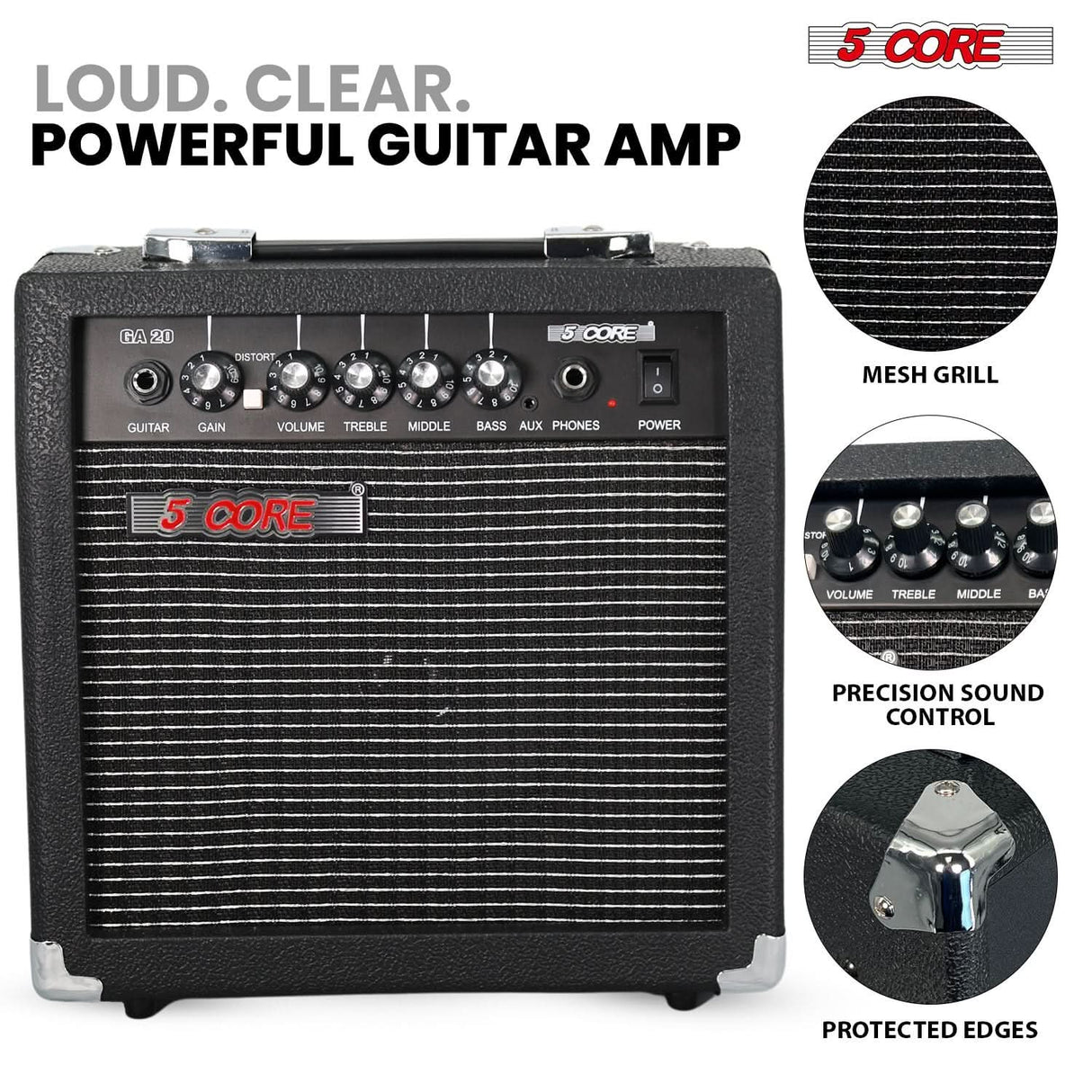 5 Core Guitar Amp 20W Electric Portable Mini Amplifier w Built in 6.5" Speaker Aux Headphone Jack