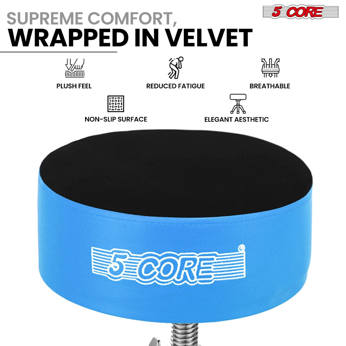 5 Core Drum Throne 5" Padded Velvet Top Guitar Stool Drummer Chair Swivel Adjustable Musician Seat