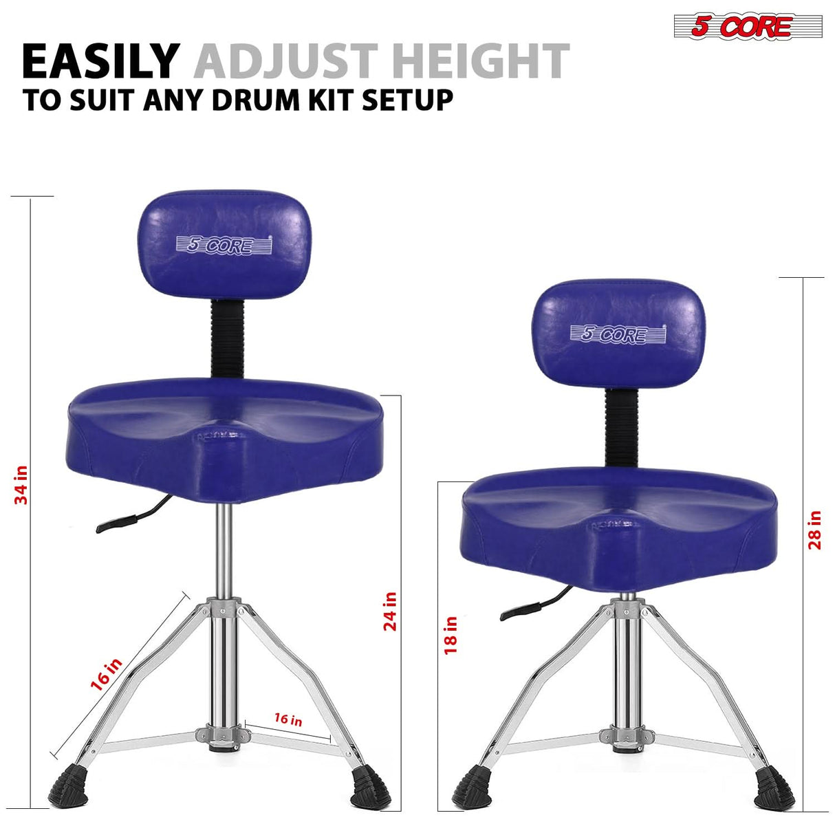 5 Core Drum Throne 4" Padded Seat w Backrest Airlift Adjustable Chair Ergonomic Drummer Stool