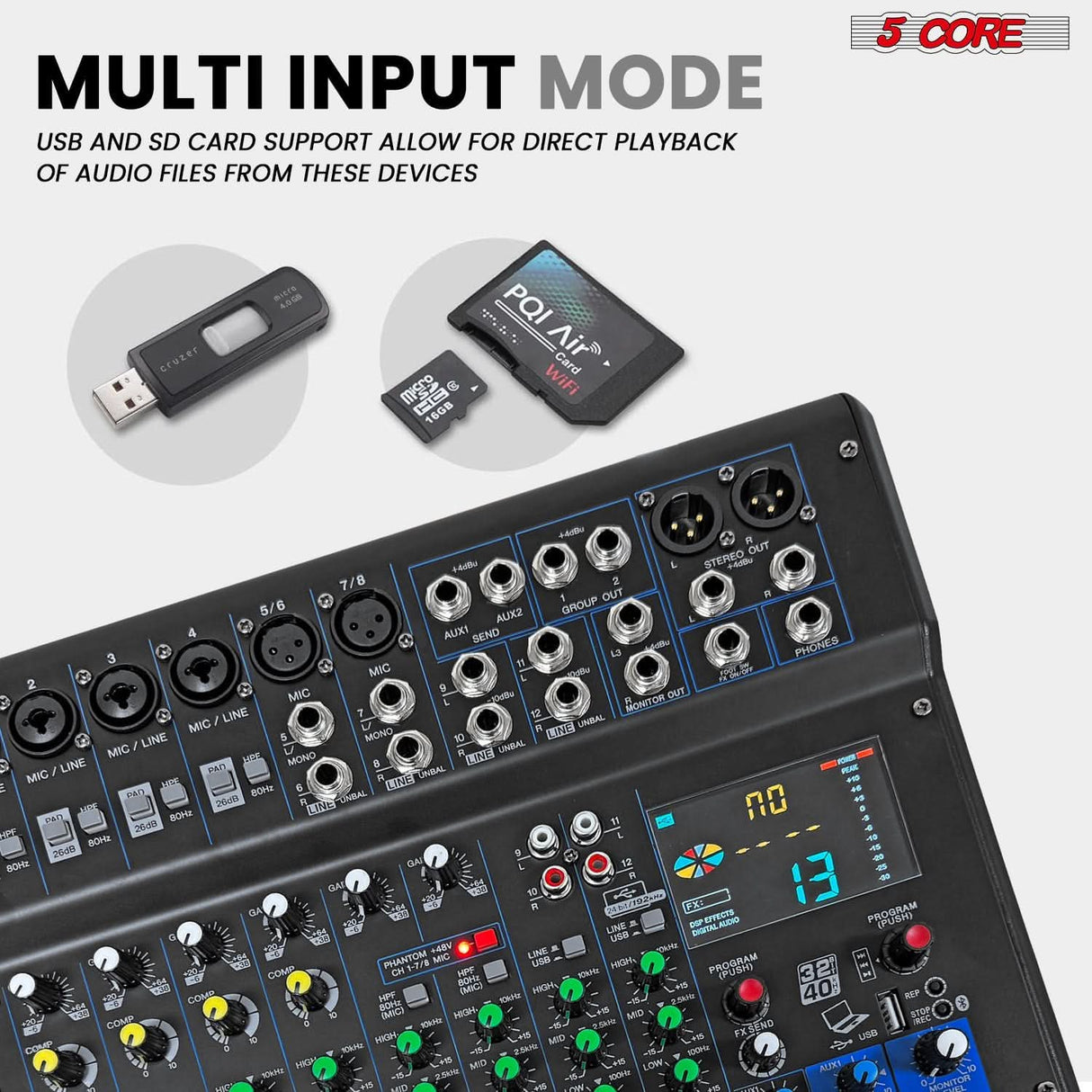 5 Core Audio Mixer 12 Channel DJ Soundboard USB Interface Bluetooth Mixing Console w 99 DSP Effect