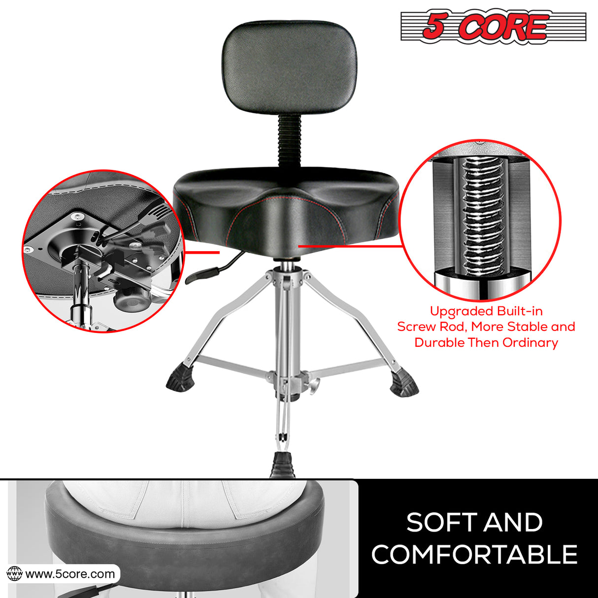 5Core Drum Throne 4" Cushion Padded Stool w Backrest Airlift Height Adjustable Chair w 441Lb Capcity