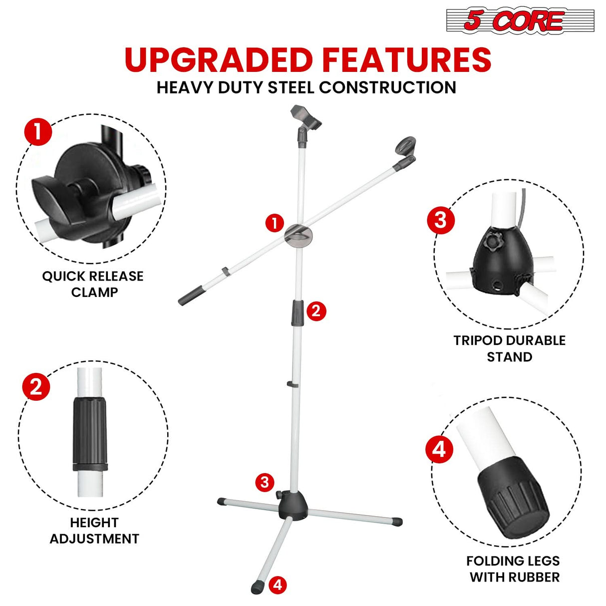 5 Core Microphone Stand Floor Pair Universal Adjustable 63" Tripod Mic Stands w Boom Arm