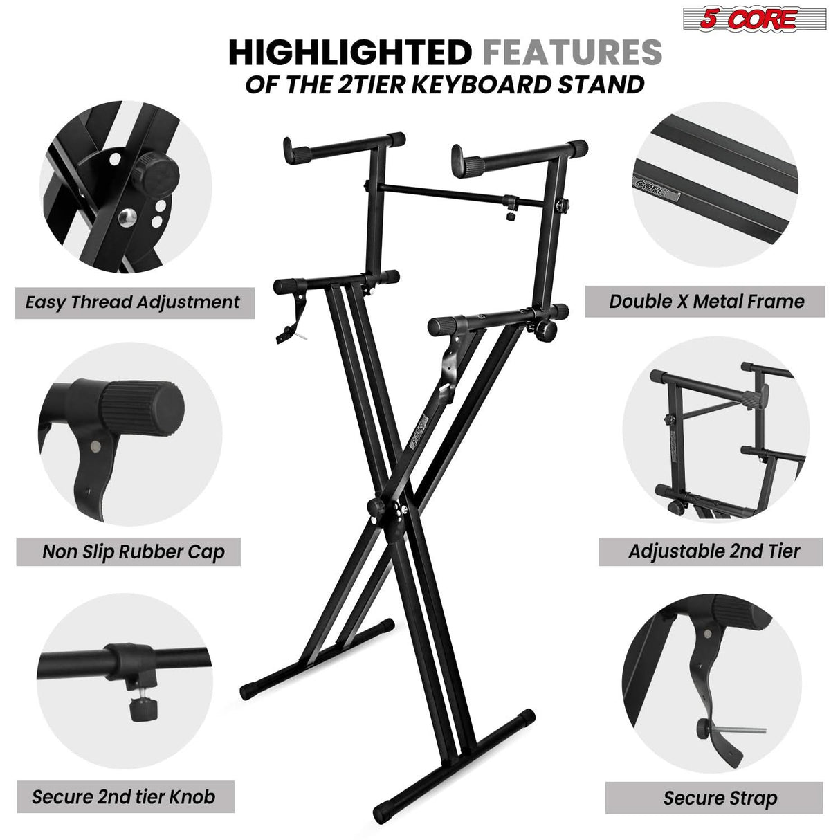 5Core 2 Tier Keyboard Stand Double X Style Adjustable Electric Piano Riser Holder