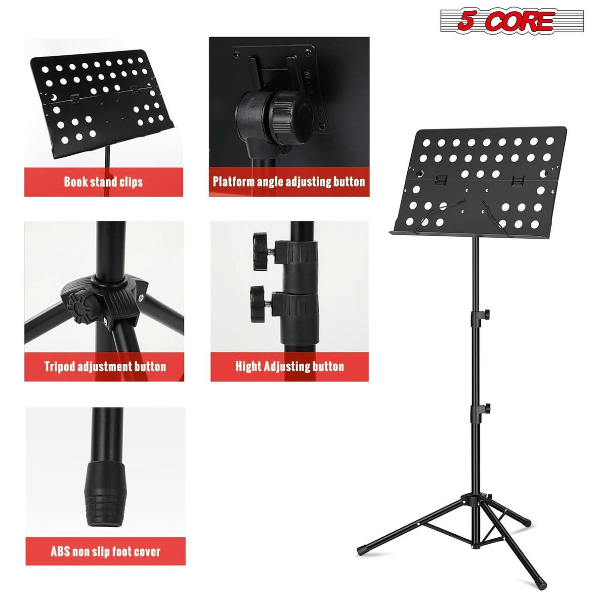 5Core folding black music stand adjustable tripod for performance