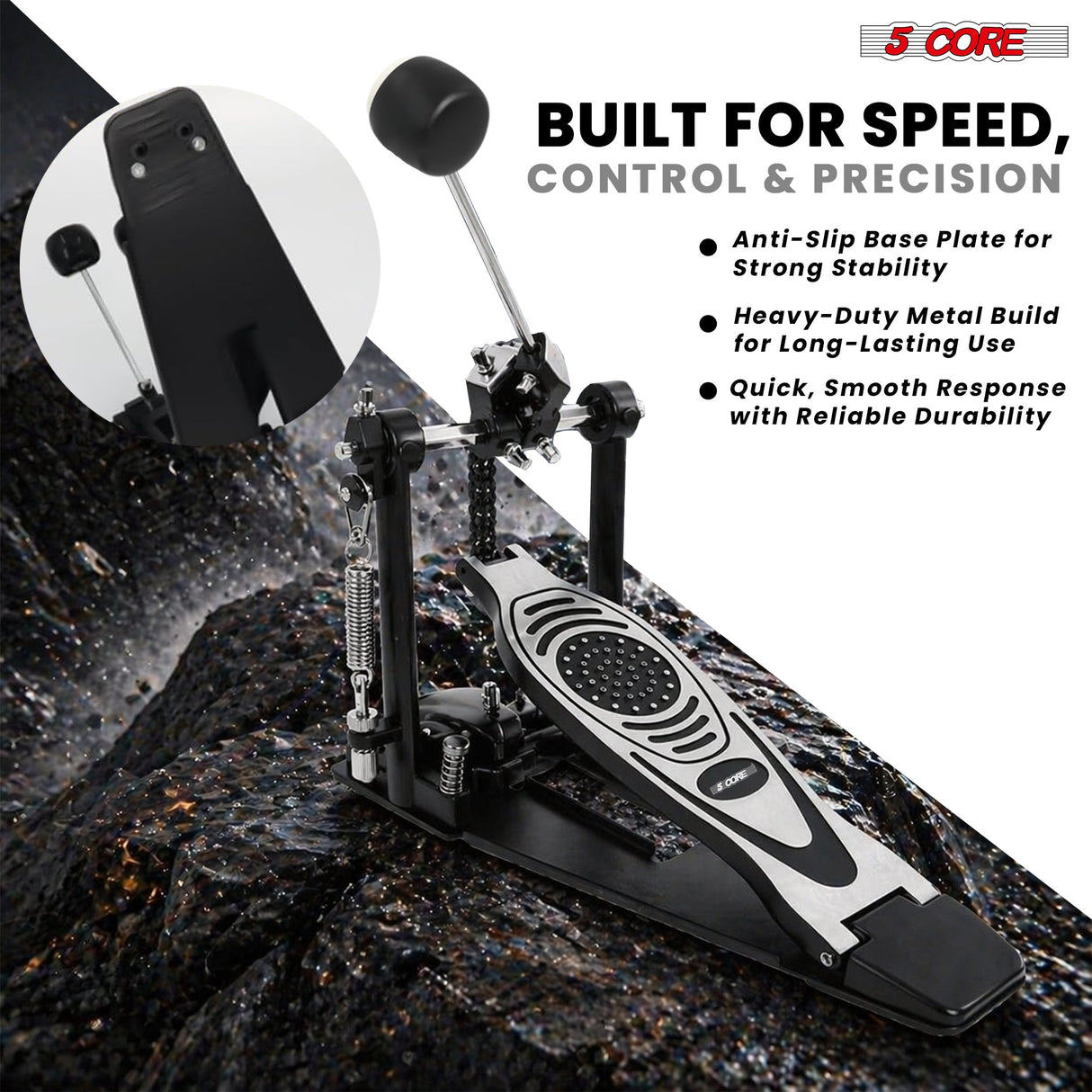 5 Core Bass Drum Pedal Mount Adjustable Felt Beater Head Single Chain Heavyduty Kick Drum Foot Pedal