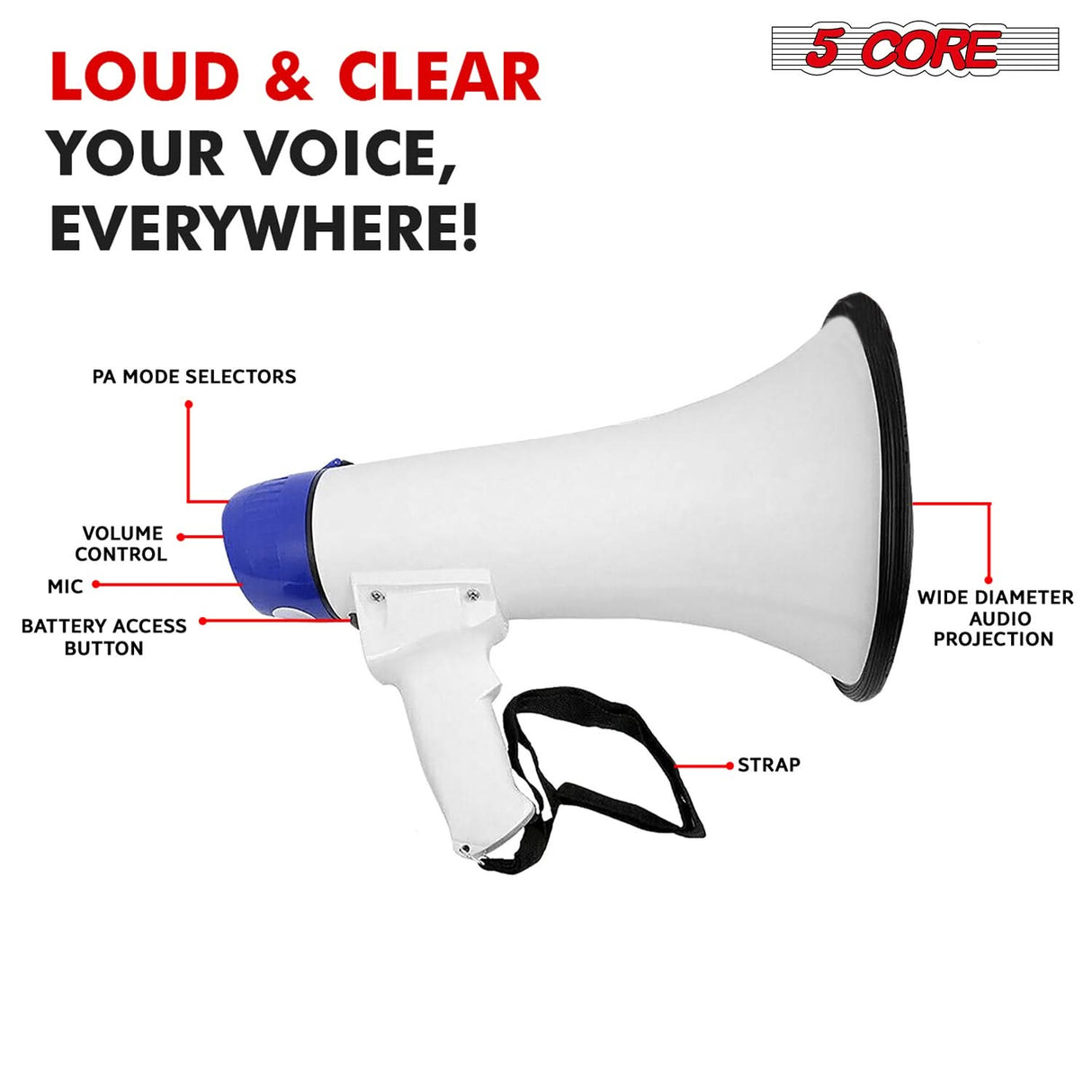 5 Core Megaphone 20W Bull Horn PA Speaker w 300 Yards Range Loud Siren Voice Amp Portable Megafono