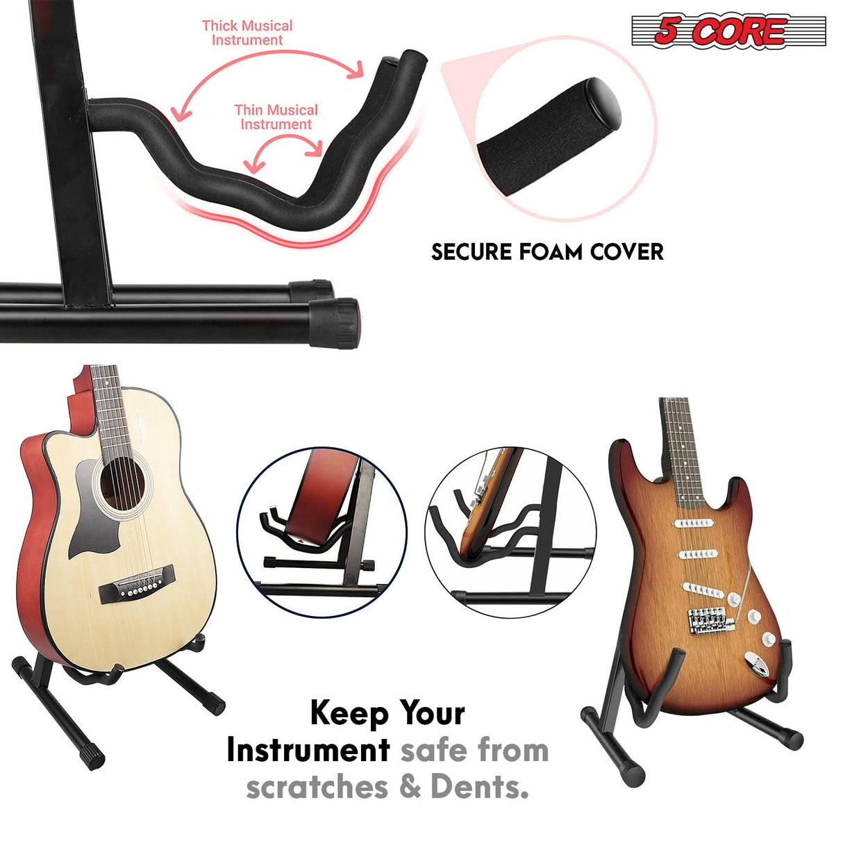 5 Core Guitar Stand A Frame w Soft Foam Arm Non Slip Rubber for Acoustic Electric Bass Ukulele