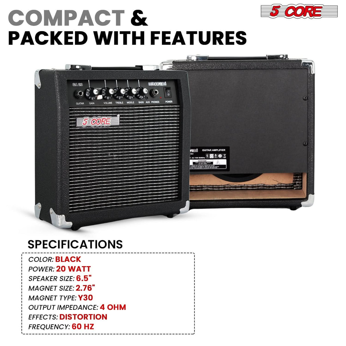 5 Core Guitar Amp 20W Electric Portable Mini Amplifier w Built in 6.5" Speaker Aux Headphone Jack