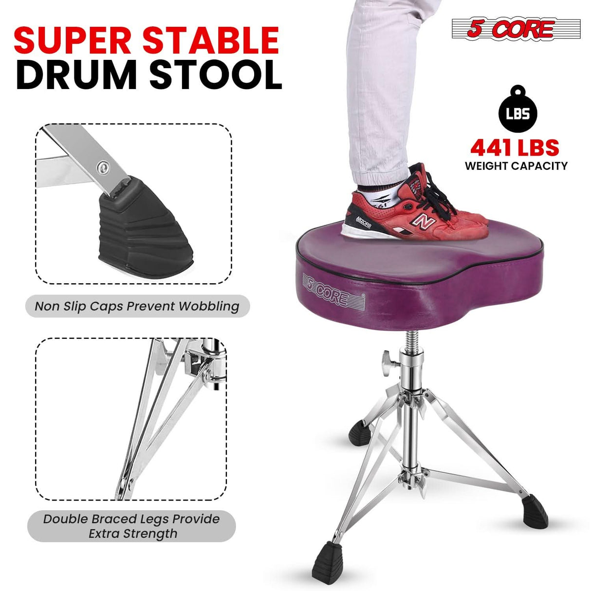 Height-adjustable 5Core drum throne for drummers of all skill levels