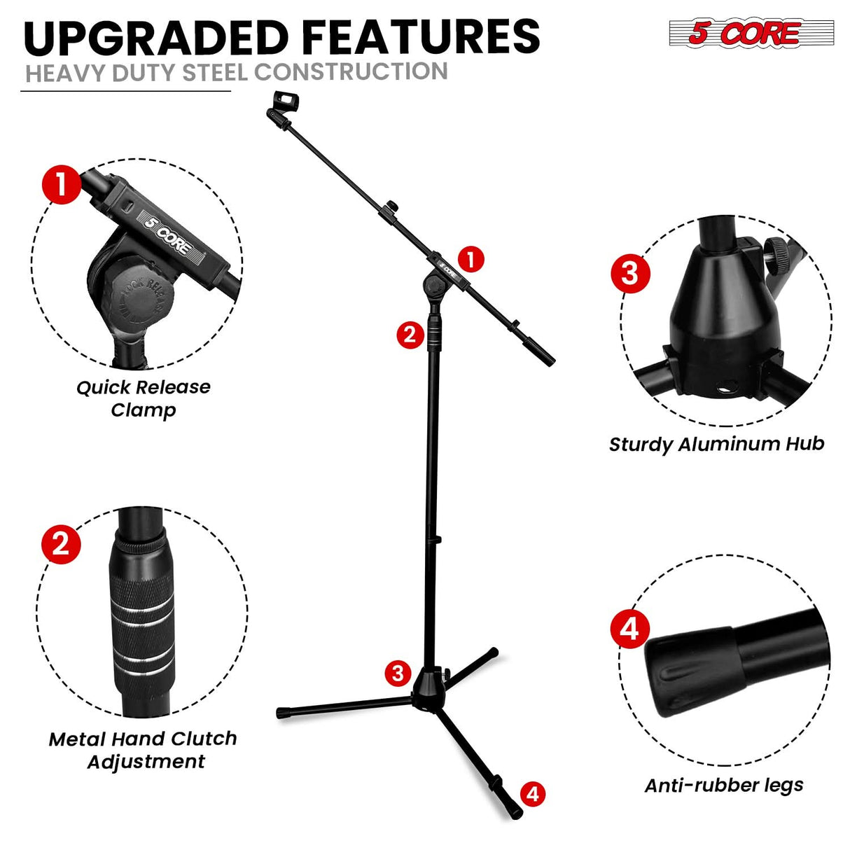 5 Core Mic Stand 2Pcs Adjustable Microphone Stands Floor w 180° Rotating Telescoping Metal Boom Arm