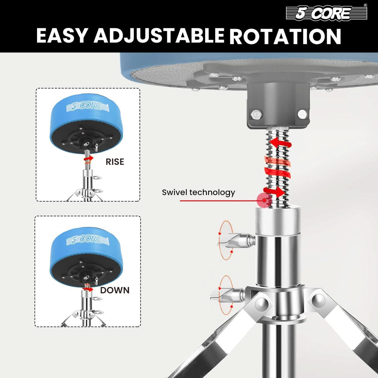 5 Core Drum Throne 5" Padded Velvet Top Guitar Stool Drummer Chair Swivel Adjustable Musician Seat