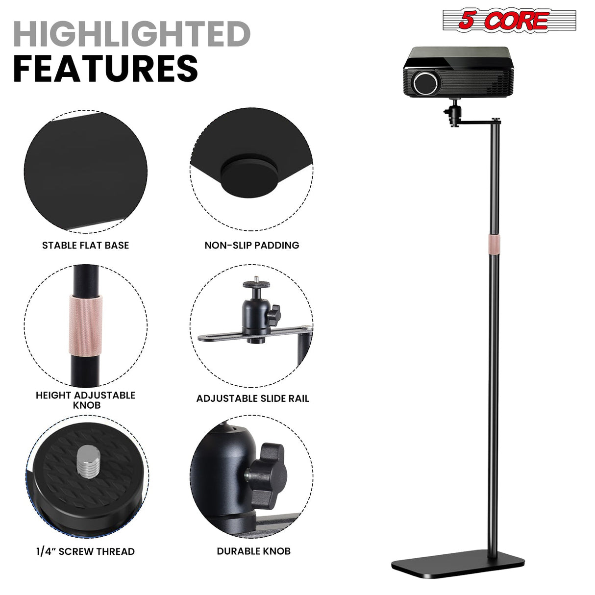 5 Core Projector Stand Floor Adjustable 66" Universal Projectors Support for Home Office & Studio