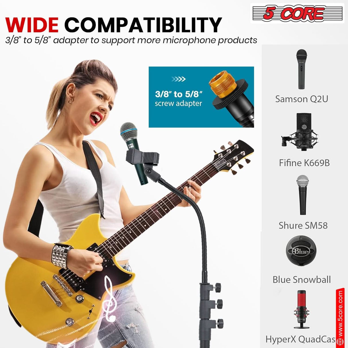 5Core heavy-duty gooseneck microphone stand, adjustable height, universal round base