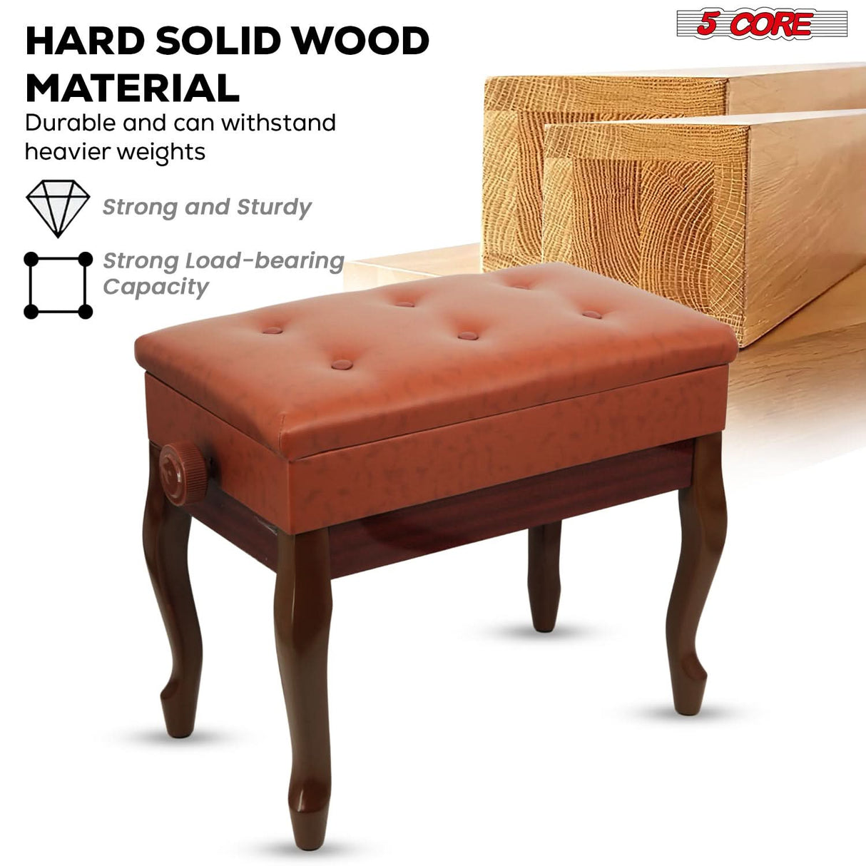 5 Core Piano Bench 3" Padded Cushioned Stool Wooden Heavy Duty Adjustable Musician Chair w Storage