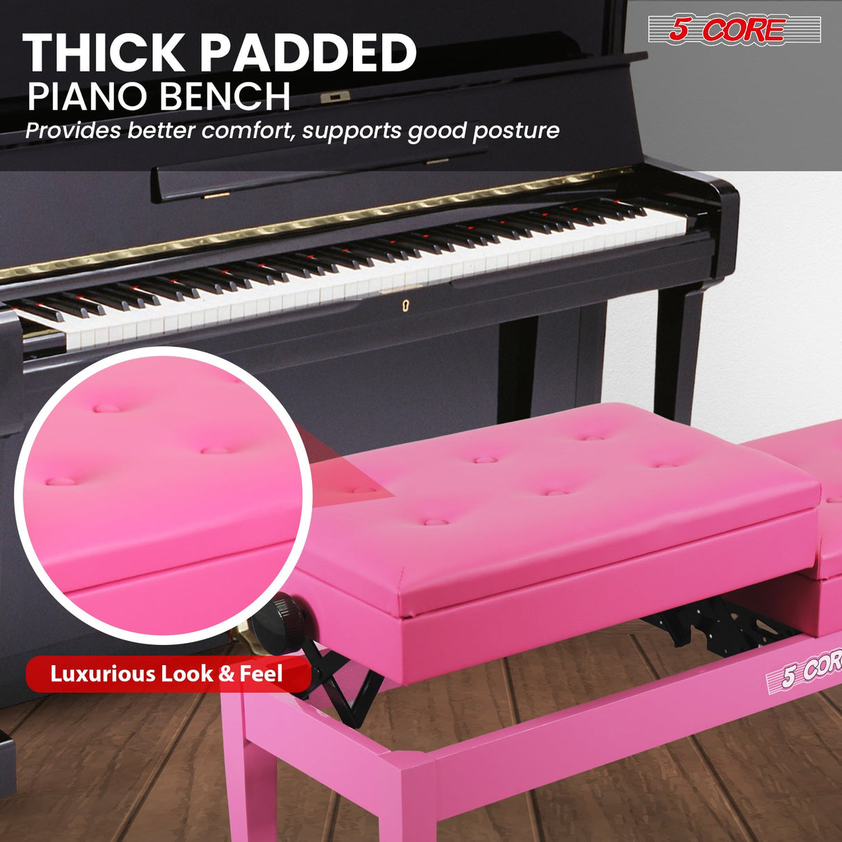 5 Core Duet Piano Bench 3.5 Inch Padded Cushioned Stool Wooden Heavy Duty Musician Chair w Storage