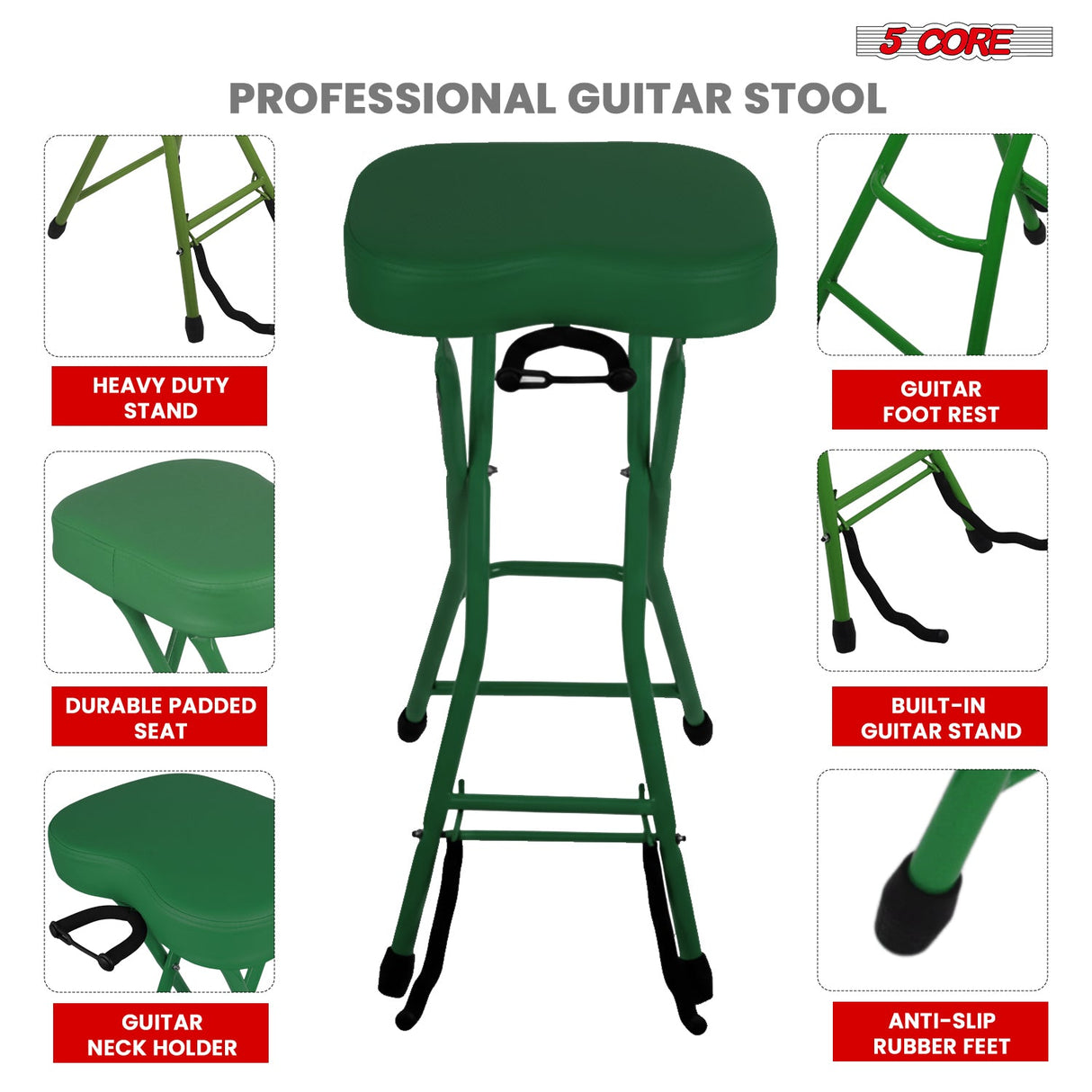 5Core Guitar Stool 3.15" Padded Chair Foldable Heavy Duty Music Seat Built in Foot Rest Guitar Stand