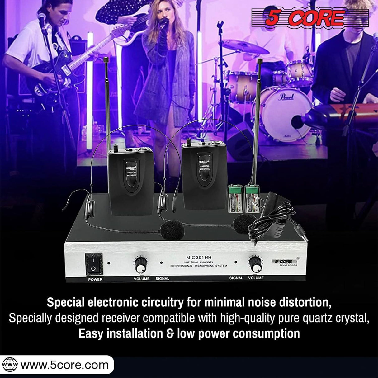 5Core Wireless Microphones w 2 Headset Portable Mini Microfono Inalambricos + Receiver 165ft Range