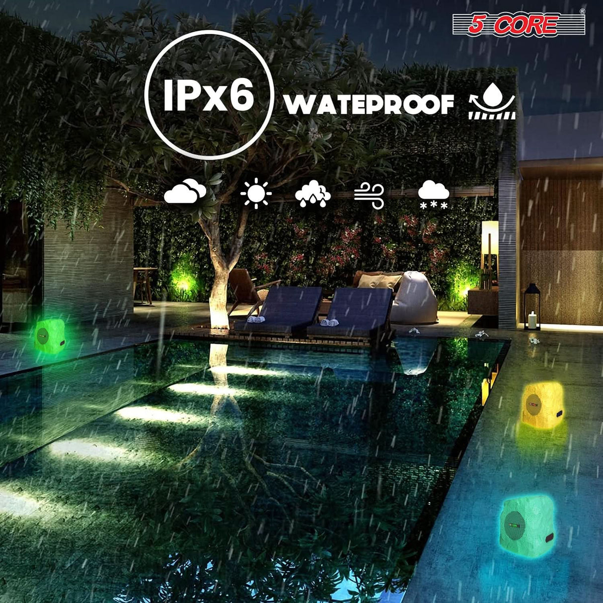 5 Core Rock Speaker Outdoor Waterproof Bluetooth Garden Speakers Solar & USB Charging RGB Colors for Patio Pool & Home