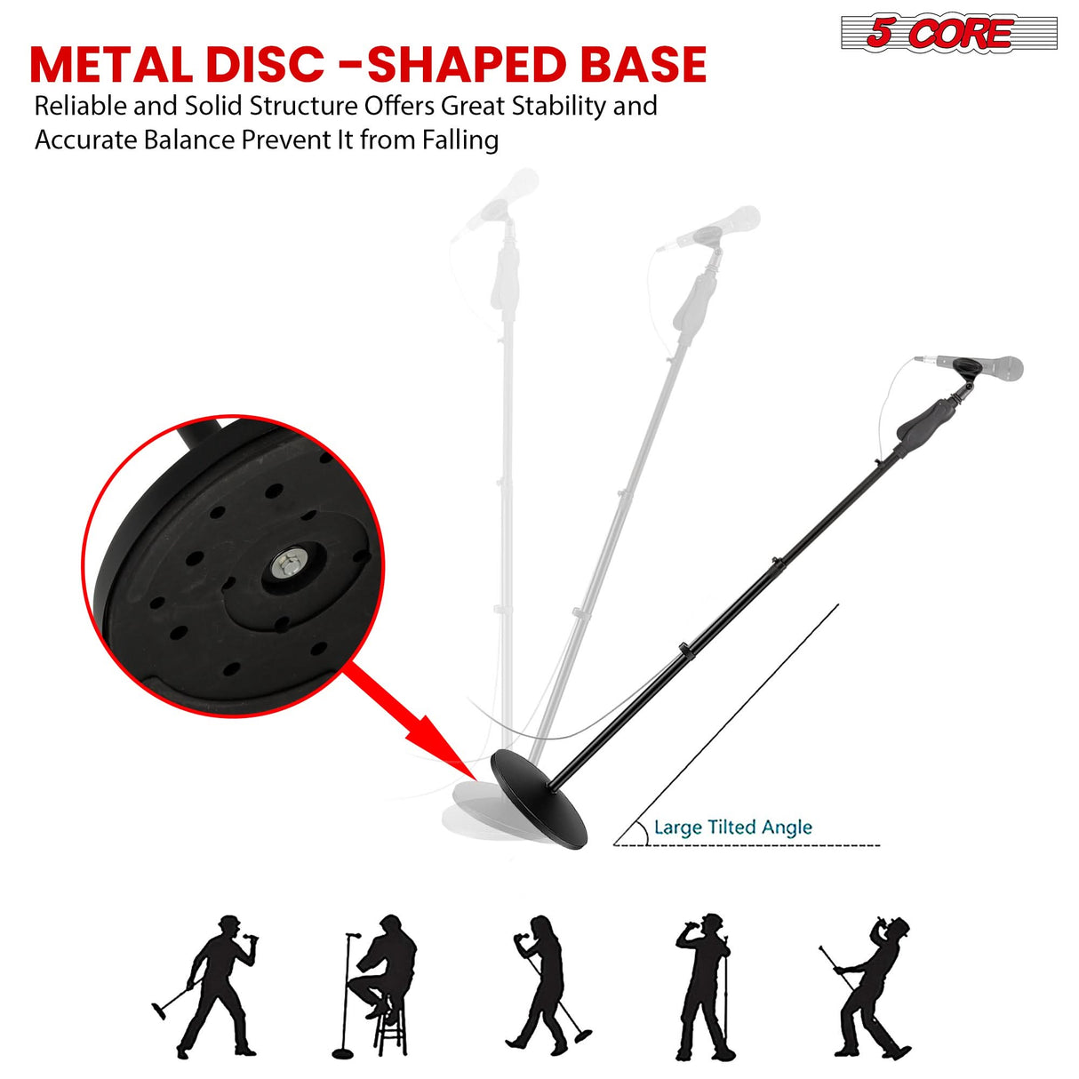 5 Core Microphone Stand Pair Universal Floor Height Adjustable 35 to 57" Round Base Mic Stands Quick Setting Lock-Tight Knob w 5/8 Thread Adapter