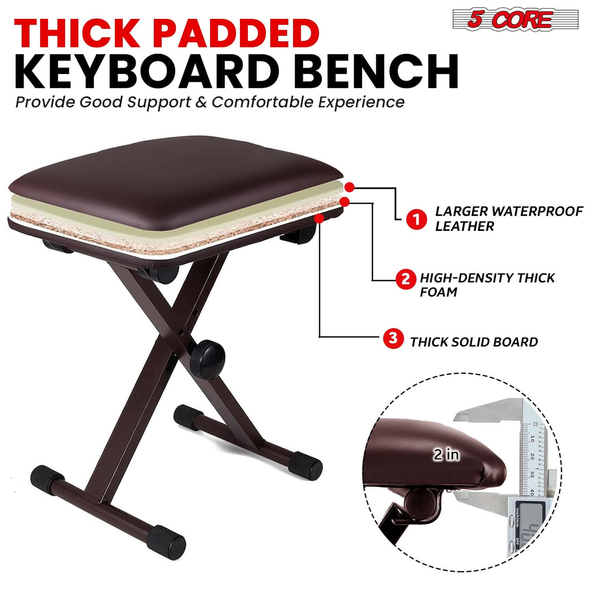 5 Core Keyboard Stand Piano Bench Combo Adjustable Key Board Stands 2" Padded Musician Chair Set