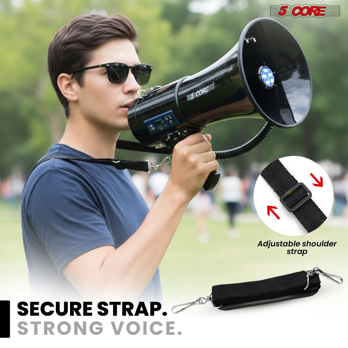5 Core Megaphone 50W Bluetooth Rechargeable Bullhorn 1100 Yards Loud Siren w LED/USB/SD/AUX