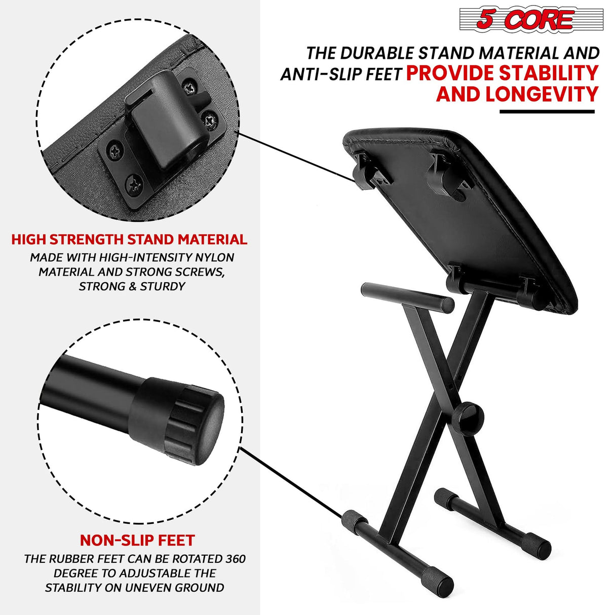 5 Core Keyboard & Bench Set Combo Height Adjustable Key Board Stands w Padded 2" Cushioned Musician Chair