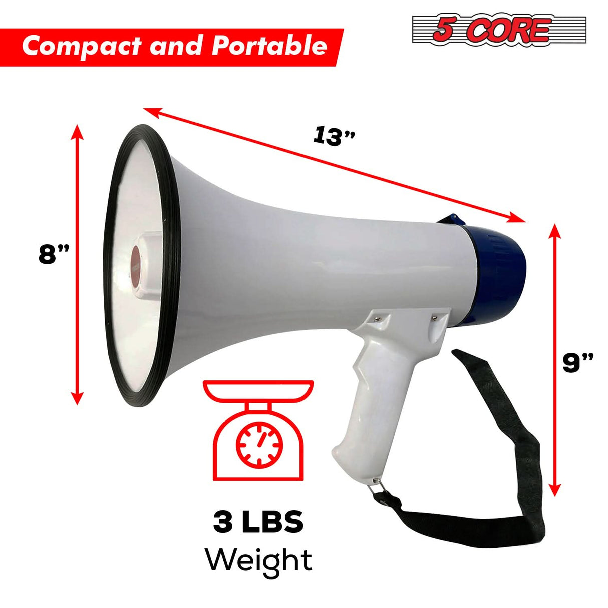 5 Core Megaphone 20W Bull Horn PA Speaker w 300 Yards Range Loud Siren Voice Amp Portable Megafono