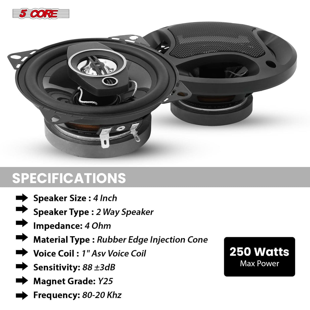 5Core 4” Car Speaker Pair 250W 4Ohm 2 Way Coaxial Speaker w Super Tweeter Universal Fit for Vehicle
