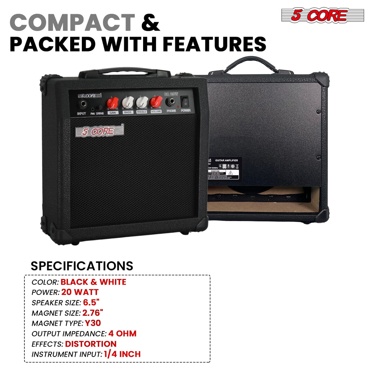 5 Core Guitar Amplifier 20W Electric Portable Mini Amp w Built in 6.5" Speaker Aux Headphone Jack