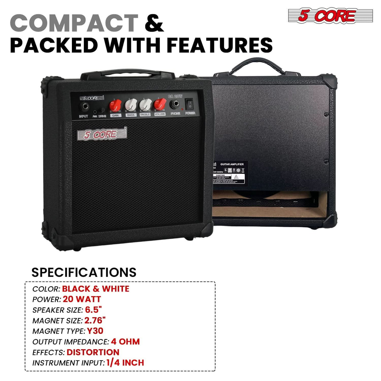 5 Core Guitar Amplifier 20W Electric Portable Mini Amp w Built in 6.5" Speaker Aux Headphone Jack
