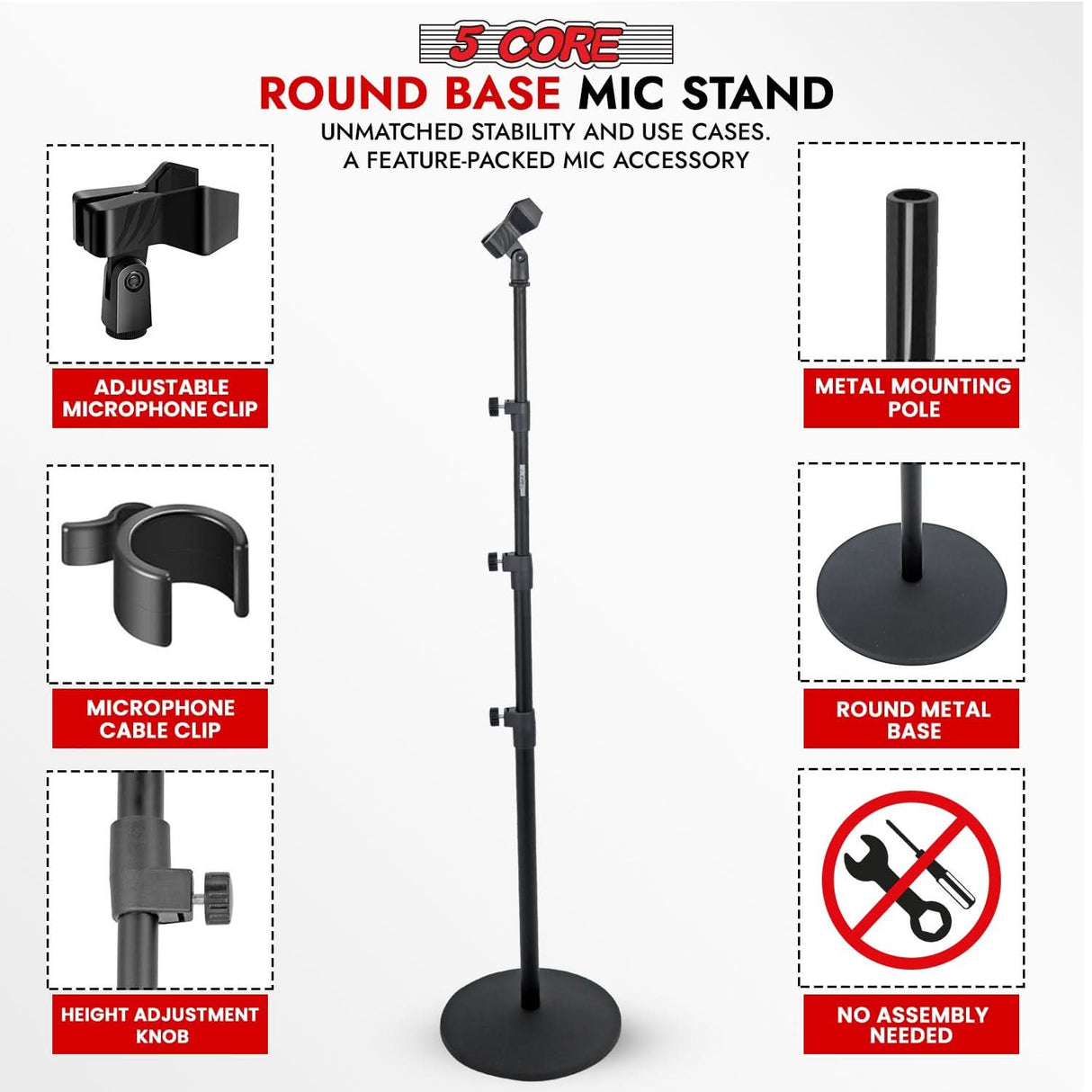 5 Core Mic Stand Floor Pair Height Adjustable Universal Heavy Weight Microphone Stands Round Base