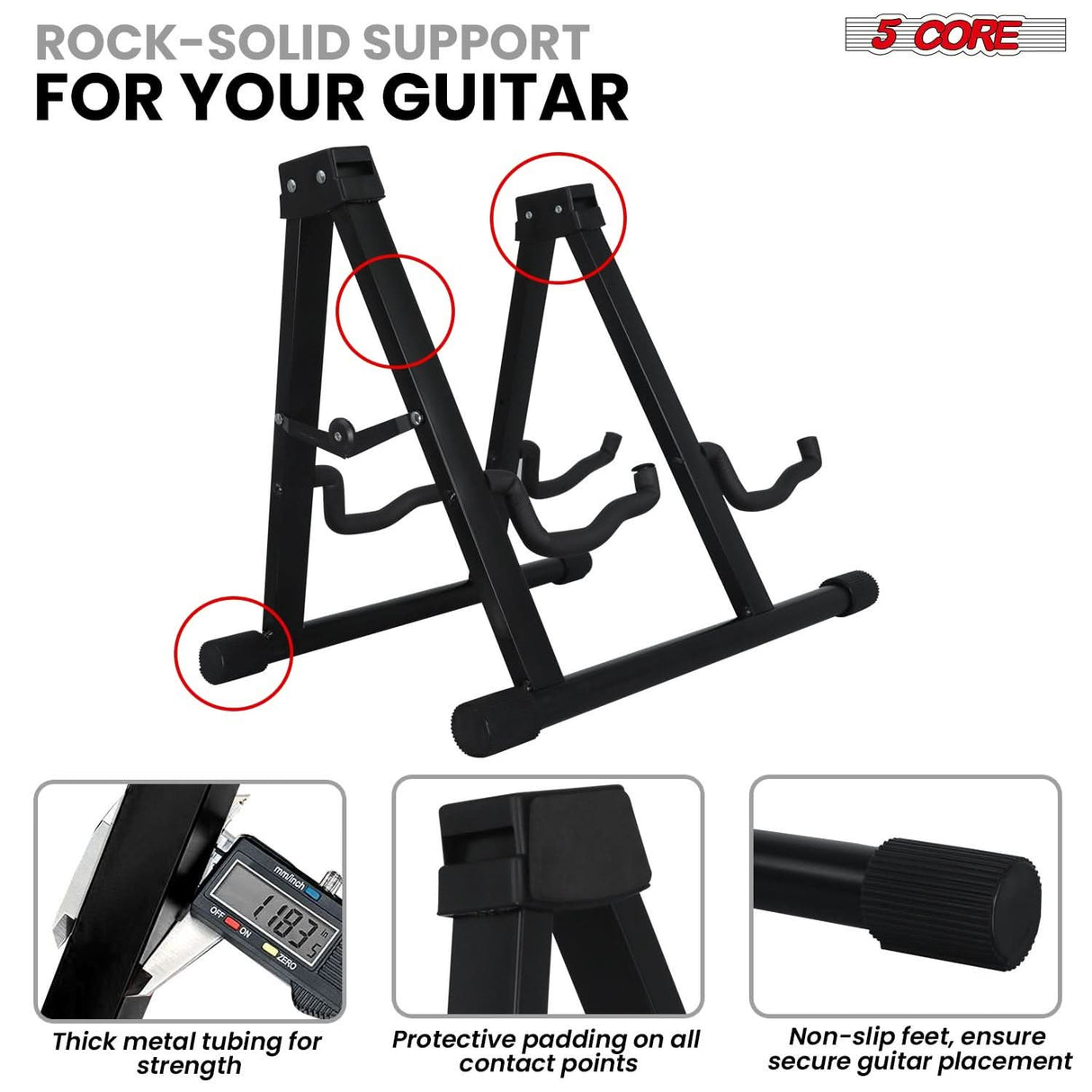 5 Core Double Guitar Stand A Frame Shape w Foam Arms Supports Acoustic Electric Bass Ukulele Banjo