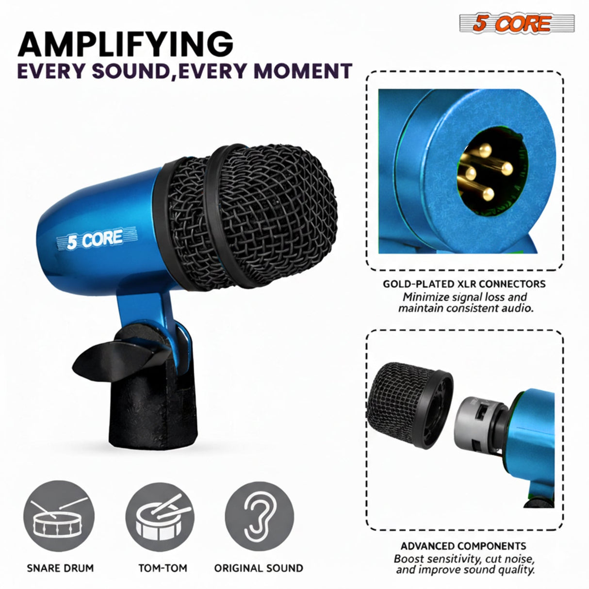5 Core Conga Mic Snare Tom Set Professional XLR Cardioid Condenser Instrument Microphone Kit