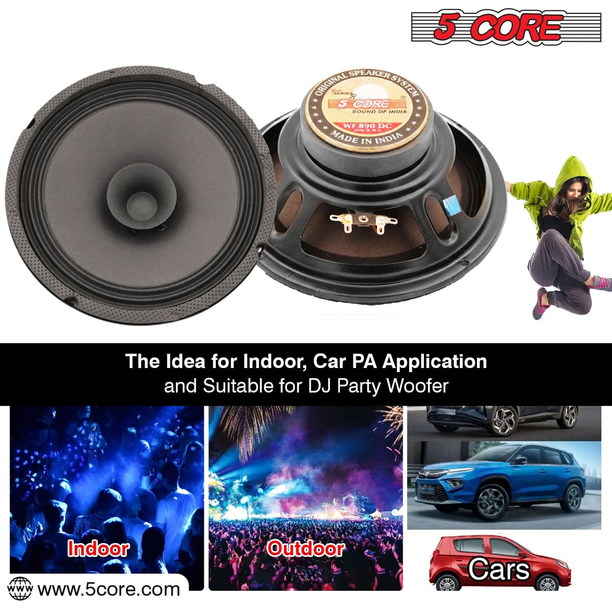 5 Core 8" Subwoofer 1000W Dual Cone Car Audio Sub Woofer 4 Ohm Deep Bass Replacement Loud Speaker