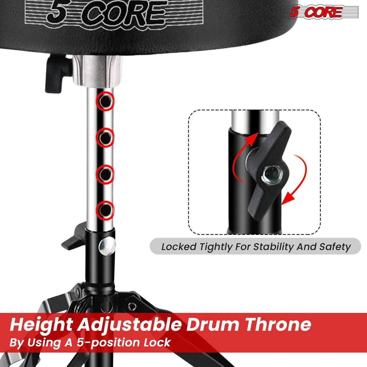 5Core adjustable padded black drum throne, guitar stool for drummer seat, suitable for all ages