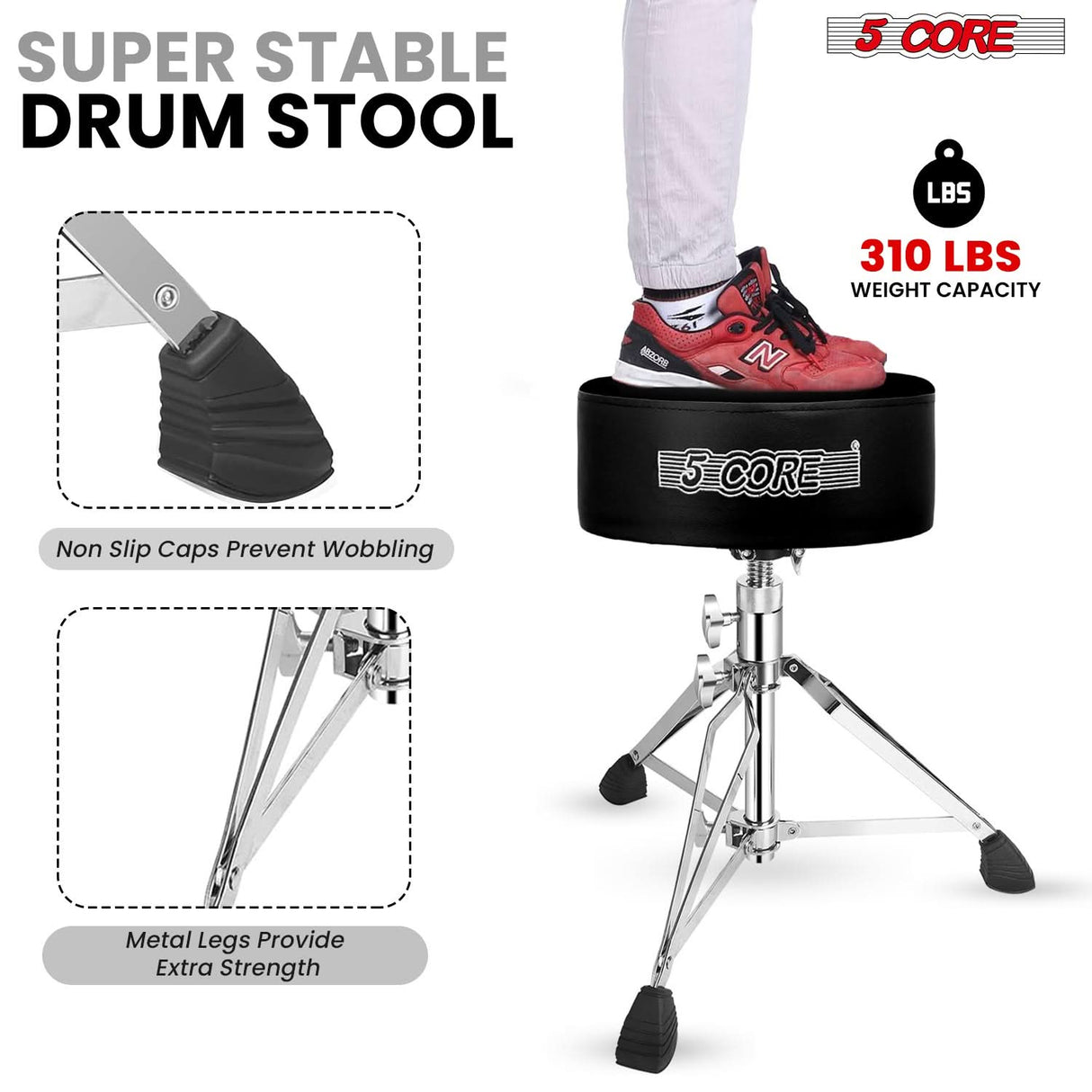 5 Core Drum Throne 5" Padded Guitar Stool Adjustable 310lbs Capacity Heavy Duty Seat w Velvet Top