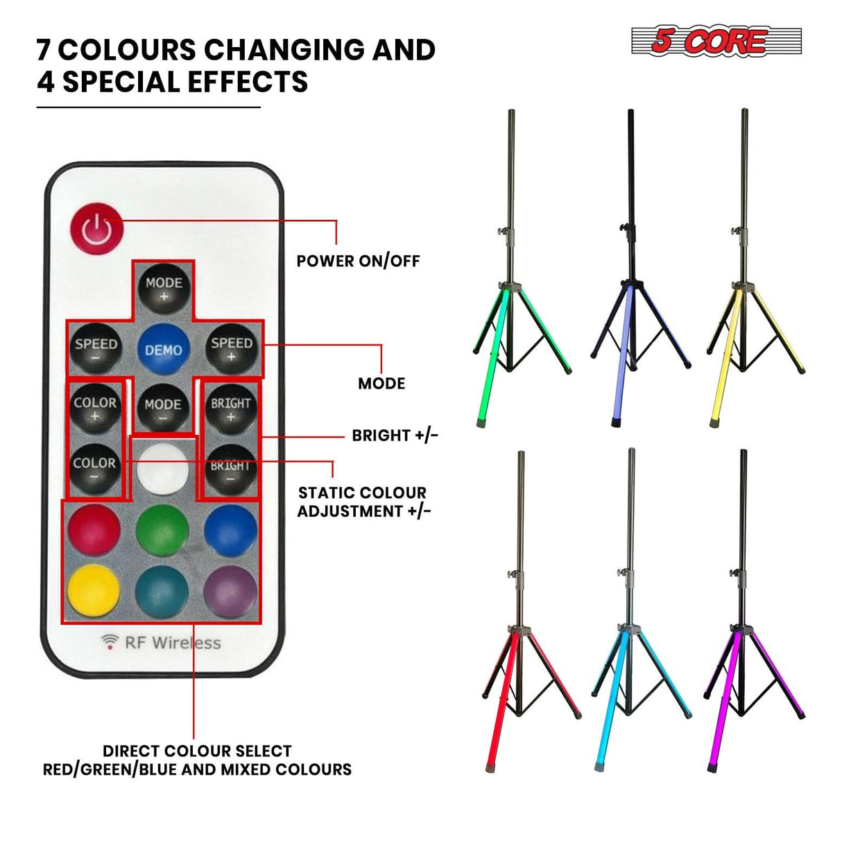 5 Core Speaker Stand Tripod Floor with RGB LED Lights Heavy Duty Adjustable Up to 72 Inch