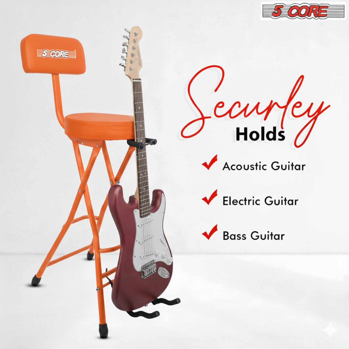 5Core Guitar Stool 3.15" Padded Chair w Backrest Foldable Music Seat Built in Foot Rest Guitar Stand