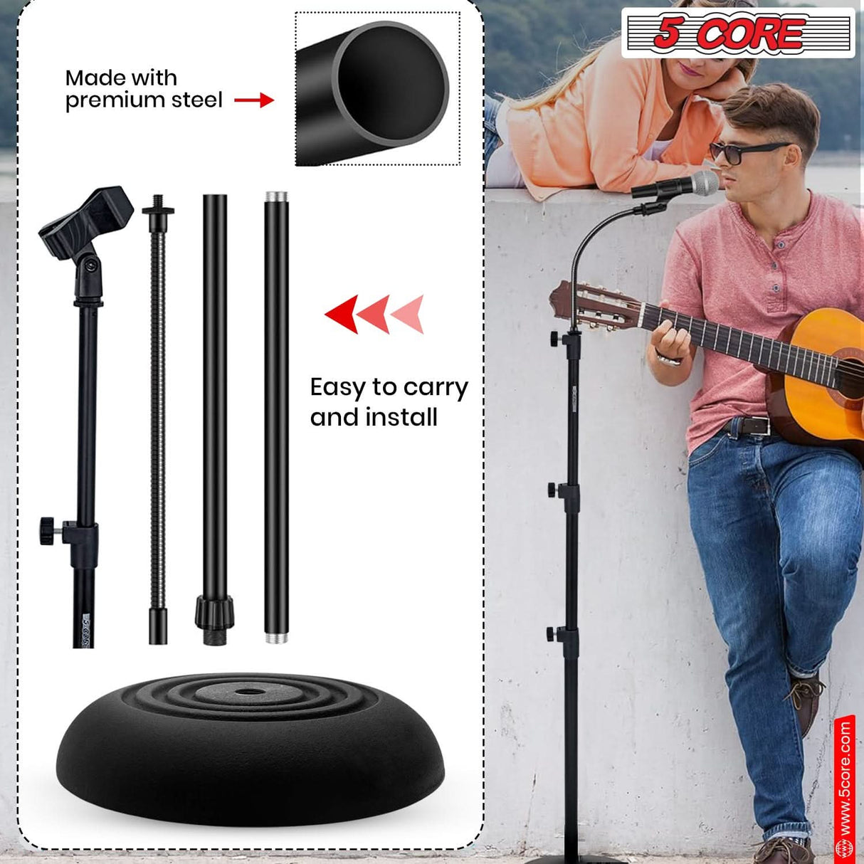 5Core round base adjustable mic stand with heavy-duty gooseneck, universal for all microphones