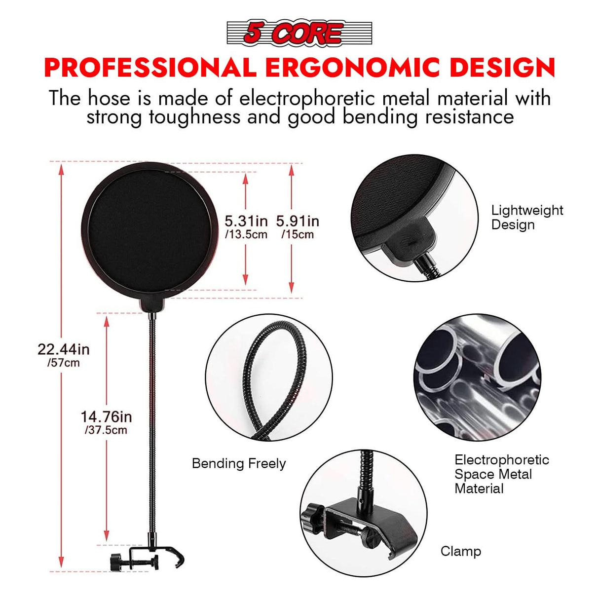 5Core professional podcast bundle, cardioid condenser mic with boom arm and mic stand