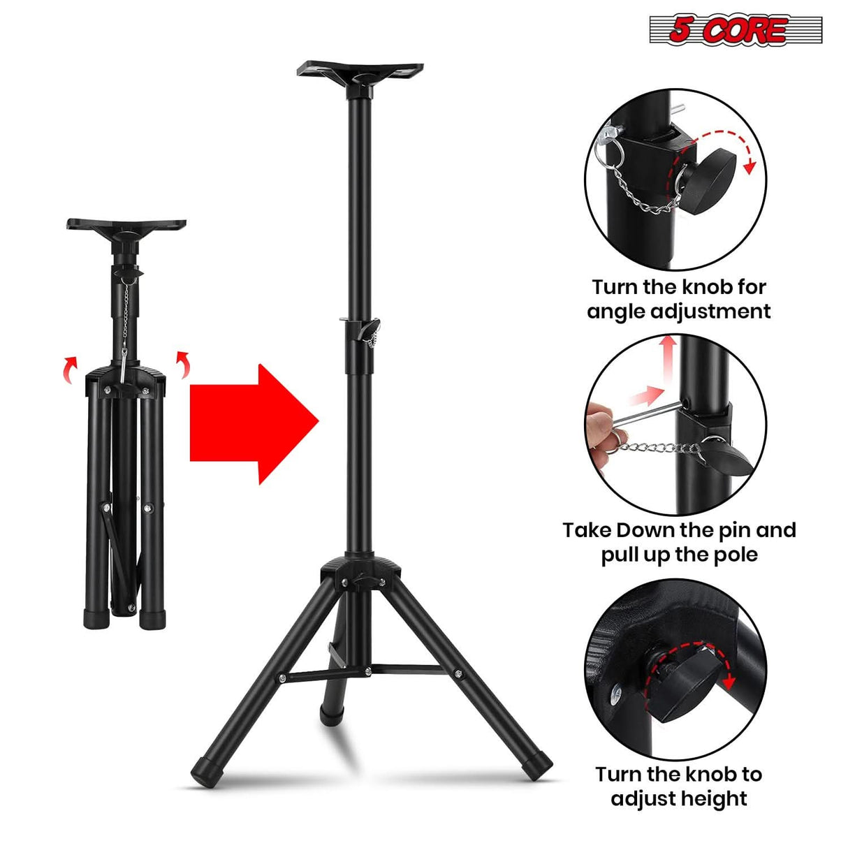 5 Core Speaker Stand 3Ft Adjustable Heavy Duty PA DJ Tripod Studio Monitor Stands w 35mm Insert