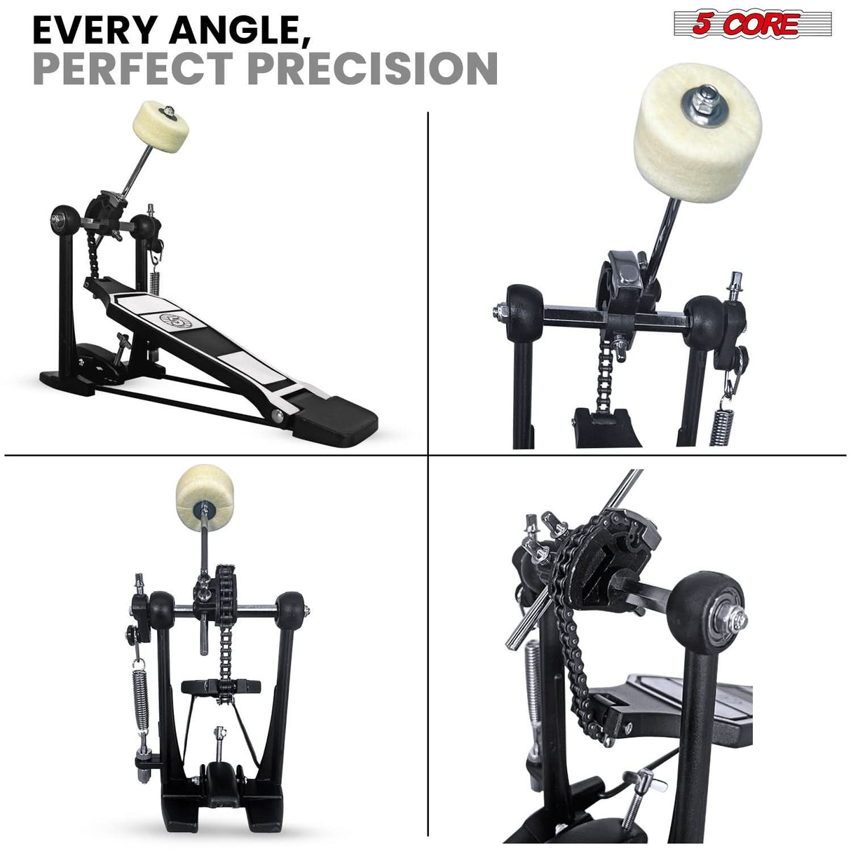 5 Core Bass Drum Pedal Mount Adjustable Felt Beater Head Single Chain Heavyduty Kick Drum Foot Pedal