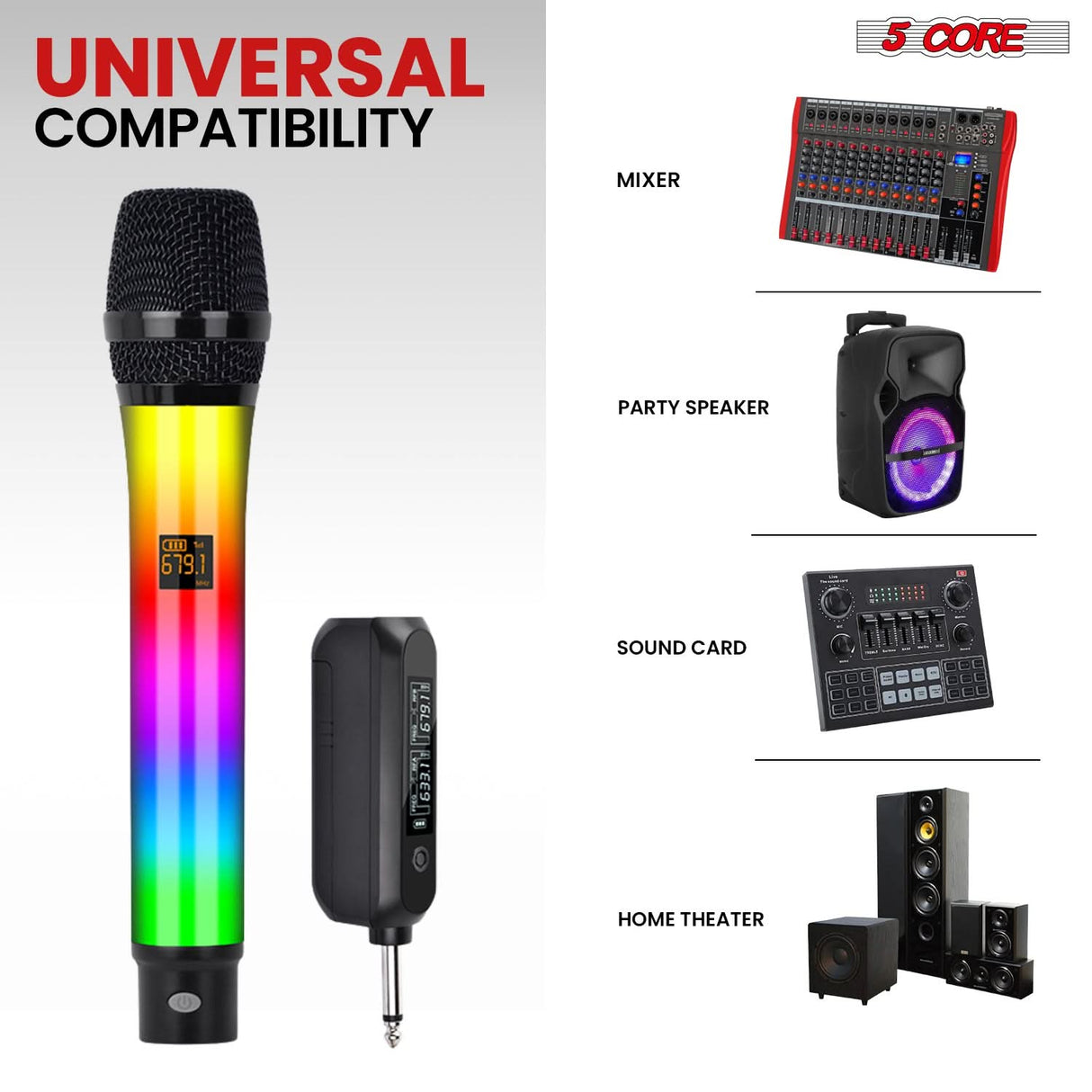 5 Core Microphone Wireless Karaoke Singing Mic Rechargeable Microfonos Inalambricos w LED Lights