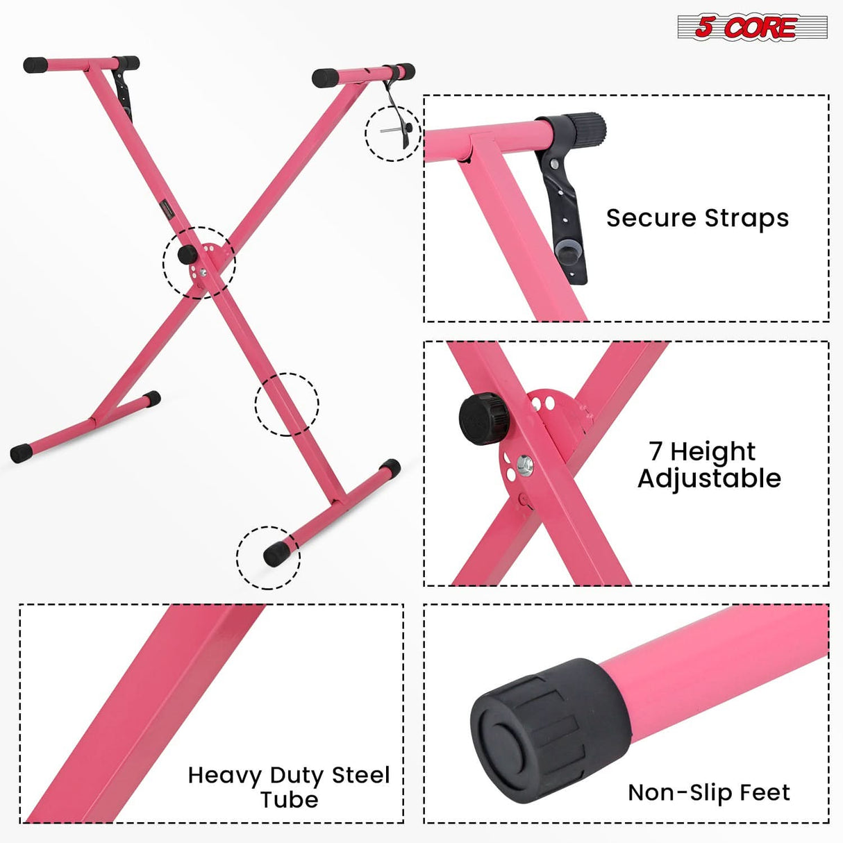 Side view of 5Core single X riser and padded seat for keyboards
