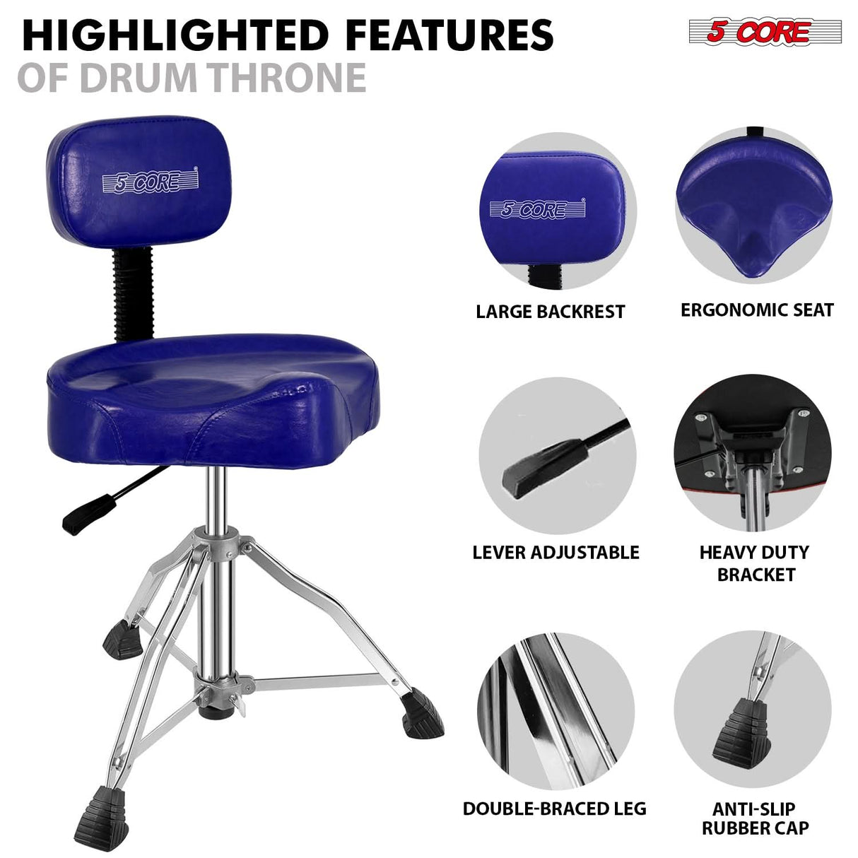 5 Core Drum Throne 4" Padded Seat w Backrest Airlift Adjustable Chair Ergonomic Drummer Stool