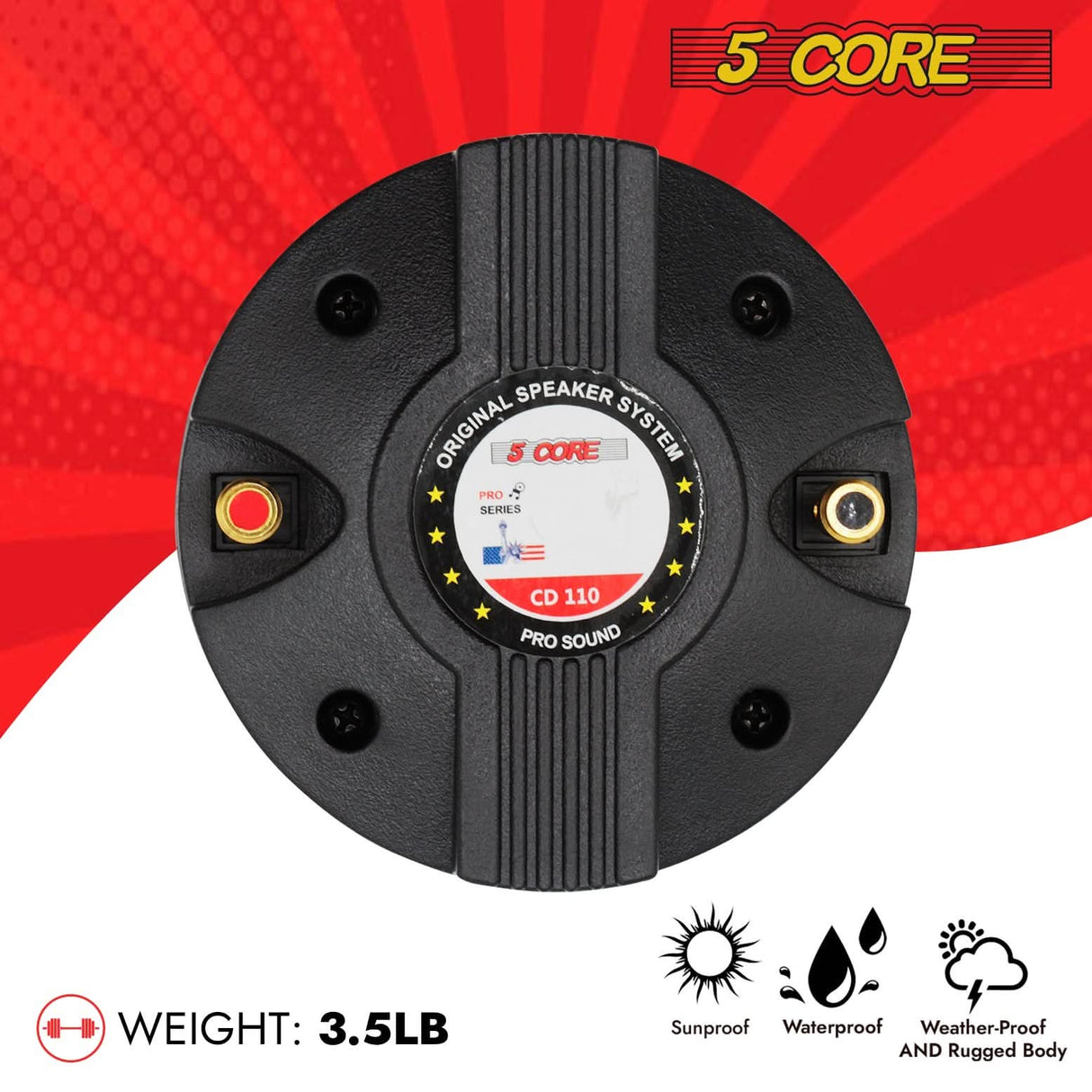 Rear view of 5Core compression driver showing connection terminals and specs