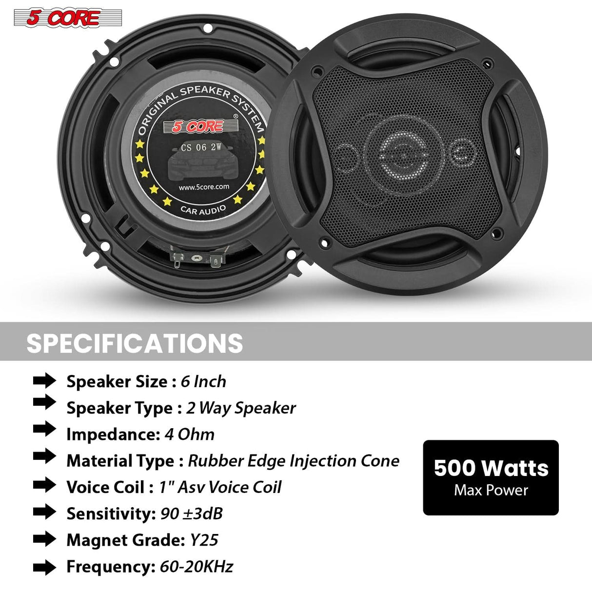 5 Core 2 Way 6" Car Speaker 500W Coaxial Component Speaker Universal Quick Easy Fit for Cars