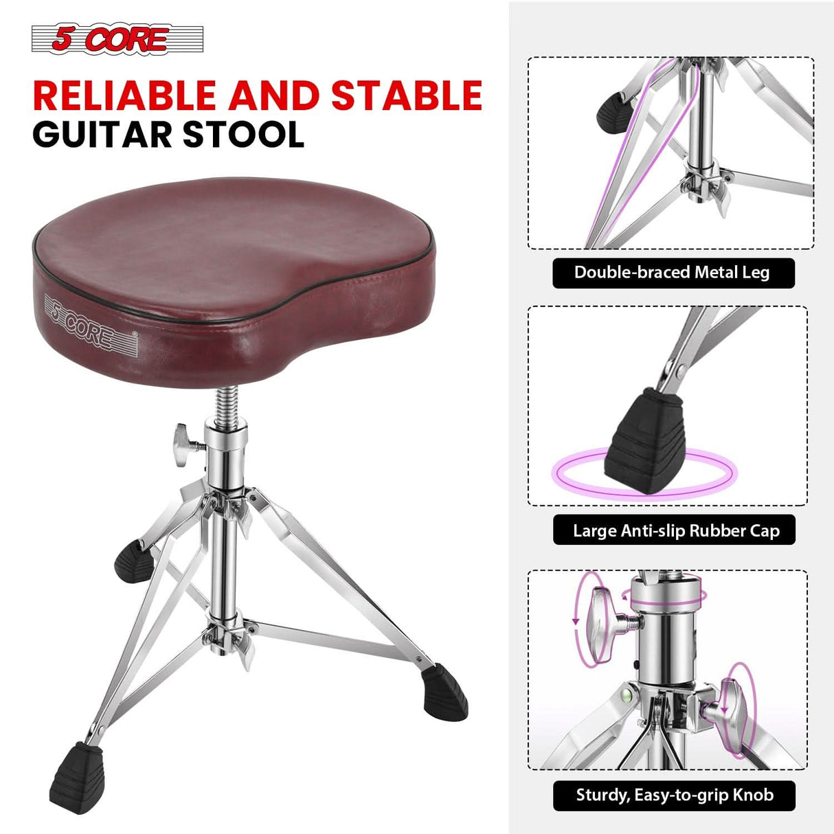 Height-adjustable 5Core saddle stool for drummers and players
