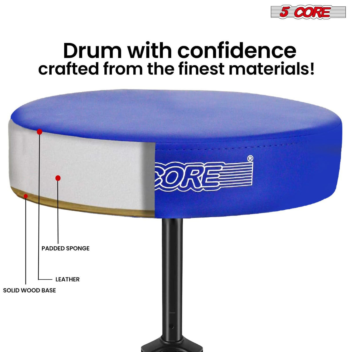 5 Core Drum Throne 3" Thick Padded Memory Foam Comfortable Drummer Stool 330Lb Capacity Adjustable