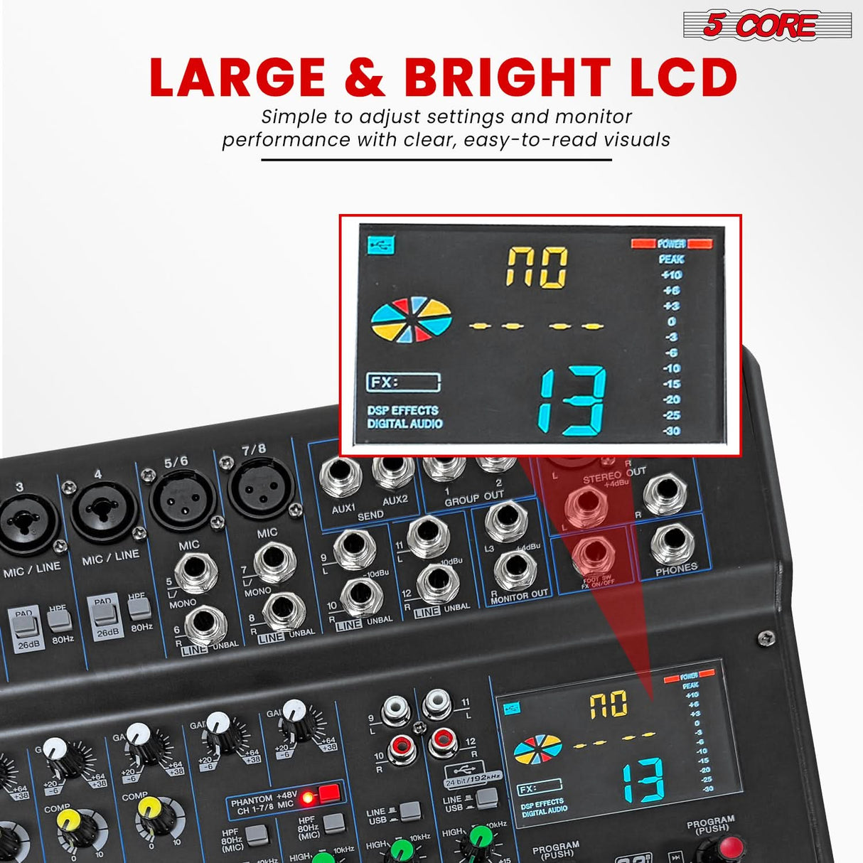 5 Core Audio Mixer 12 Channel DJ Soundboard USB Interface Bluetooth Mixing Console w 99 DSP Effect